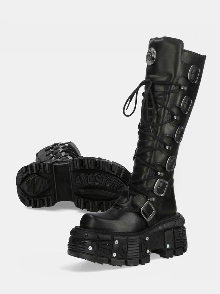 Fashion Belt Buckle Motorcycle Boots Knee High Rock Punk Round Toe Thick Bottom Leather Solid Color Fashion Sexy Women Shoes New