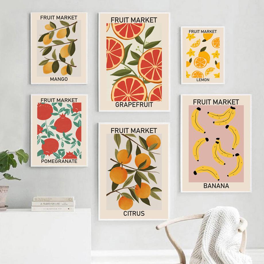 

Print Wall Art Canvas Painting Wall Picture Kitchen Decor and Fruit Market Cherry Lemon Pear Banana Orange Vintage Poster