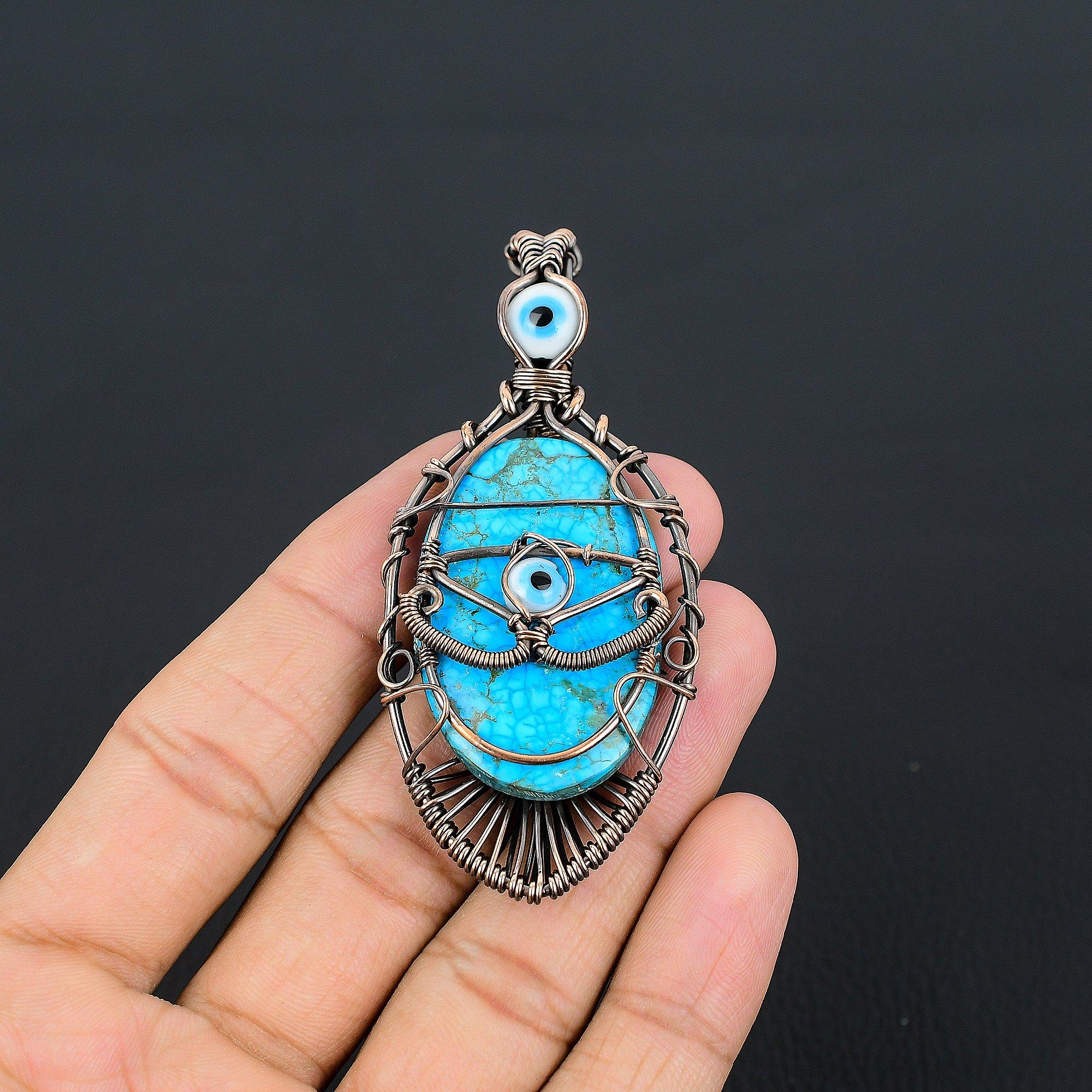 

Подвеска из тибетской бирюзы и синего глаза, ювелирное изделие из драгоценного камня, обернутое медной проволокой 999 пробы, подвеска ручной работы, на День благодарения 2.55 Inches