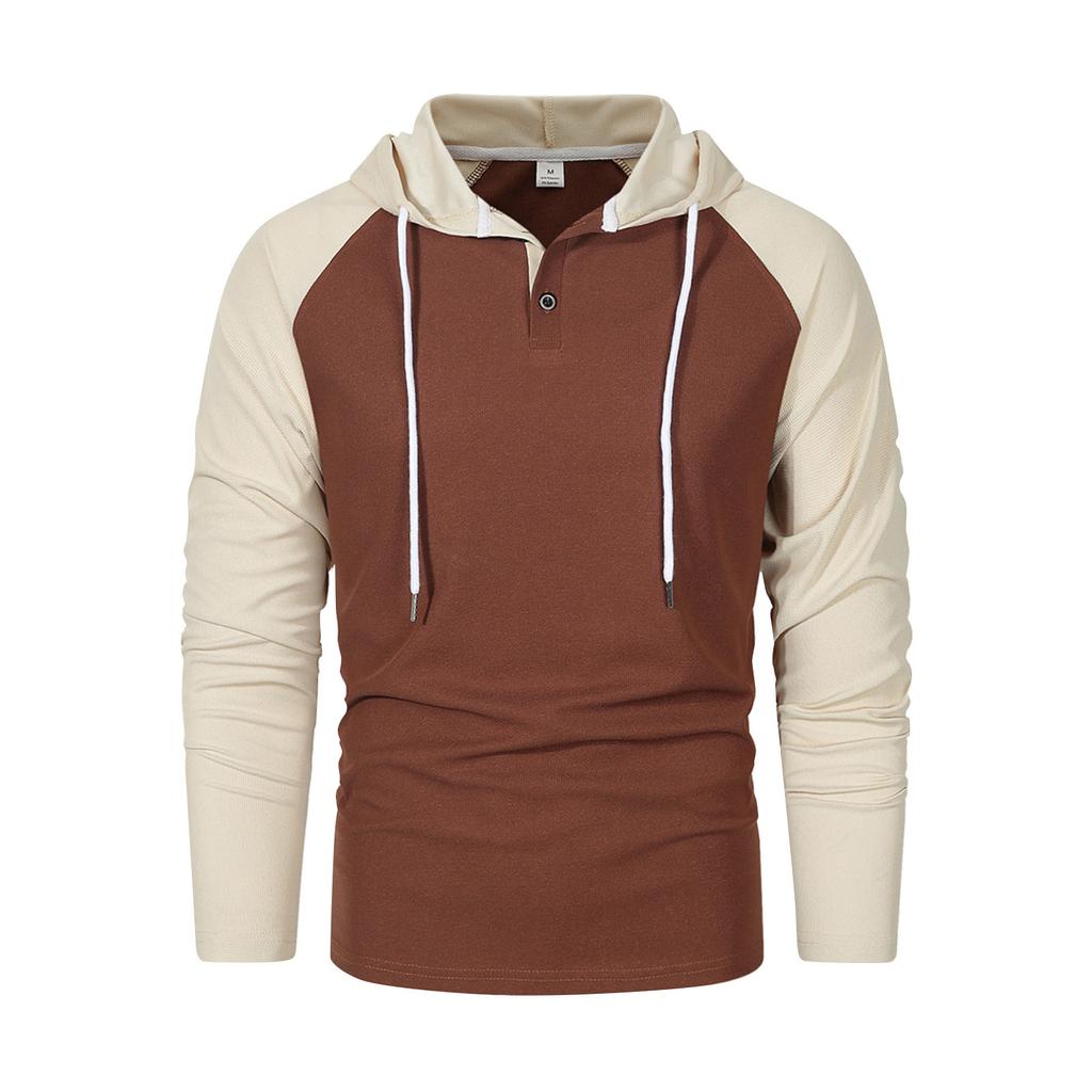 Men's Raglan Sleeve Colorblock Button Collar Hooded Sweatshirt Men's Sports Large Size Casual Pullover Sweatshirt