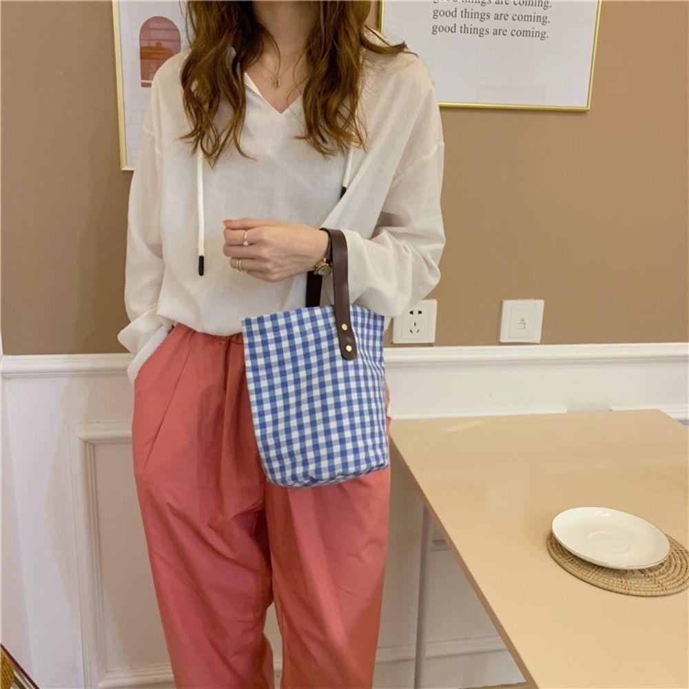 

Fresh Color Plaid Canvas Bucket Bag Large Capacity Handbag Portable Vacation Tote Bag Outdoor