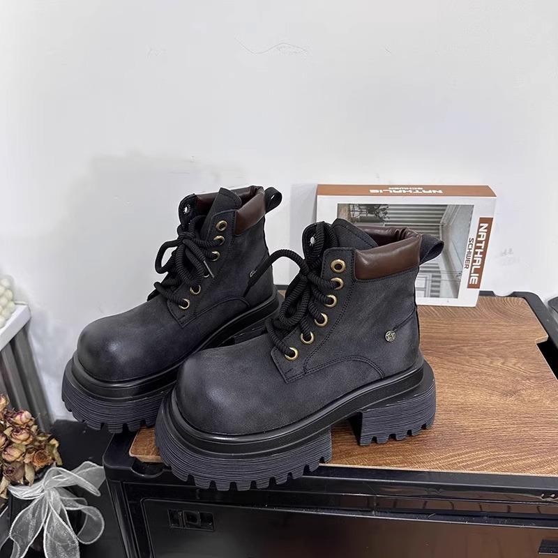 Retro Polished Leather Lace-up Platform Locomotive Martin Boots Women's British Style Big Head Thick Heel Heightening Short Boots Big Yellow Boots