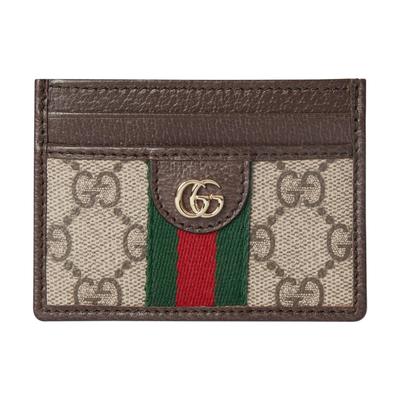 Gucci Ophidia Dobbelt G Logo Lys Guld Beslag Læder og Lærred Kortindehaver Kvinder Kortindehaver Beige Brun 838486-FAE0L-9746