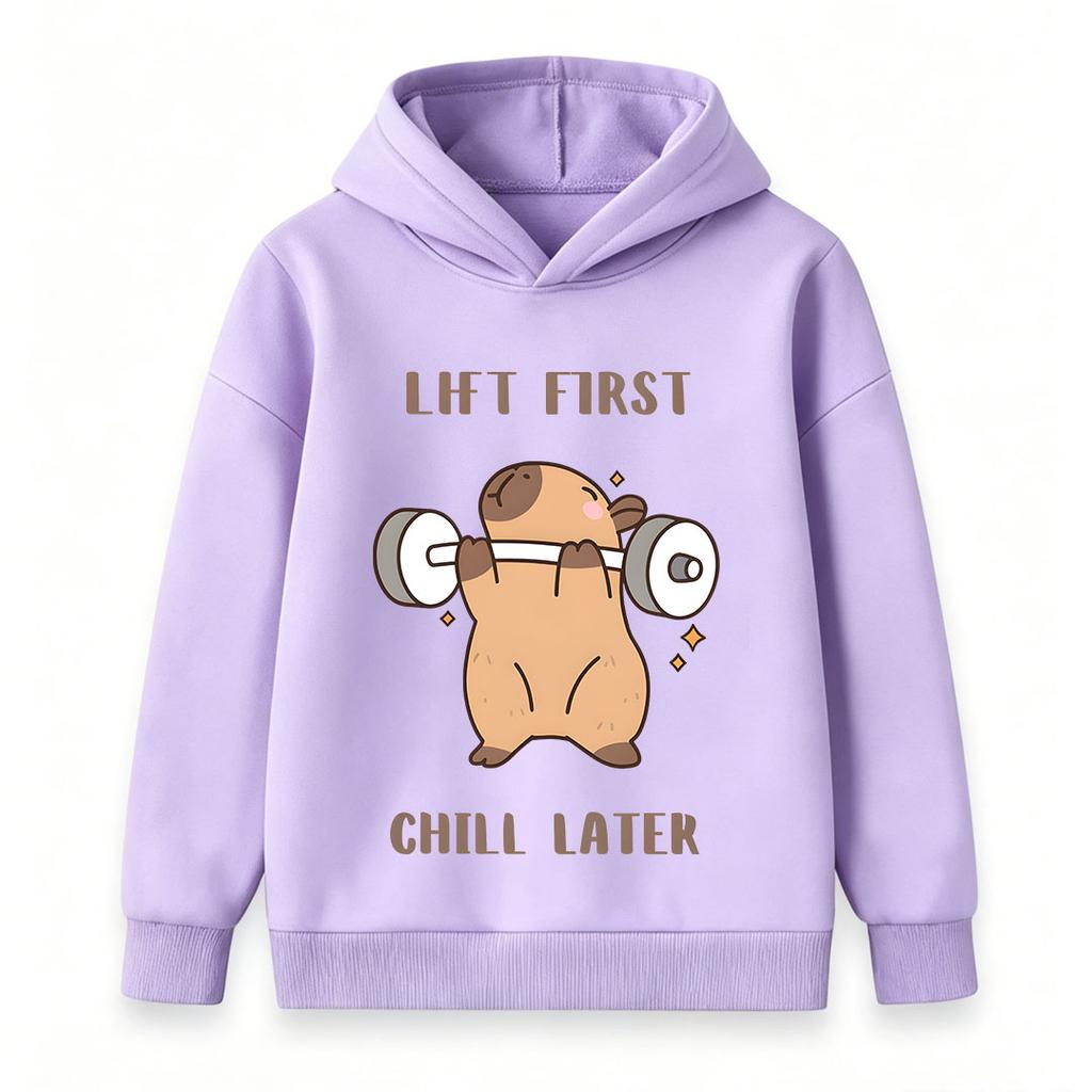 Kids Boys Girls Hooded Pullover Sweatshirt, Cute Capybara Lift First Chill Later Graphic Casual Soft Long Sleeve Hoodie For Daily Workout Playwear