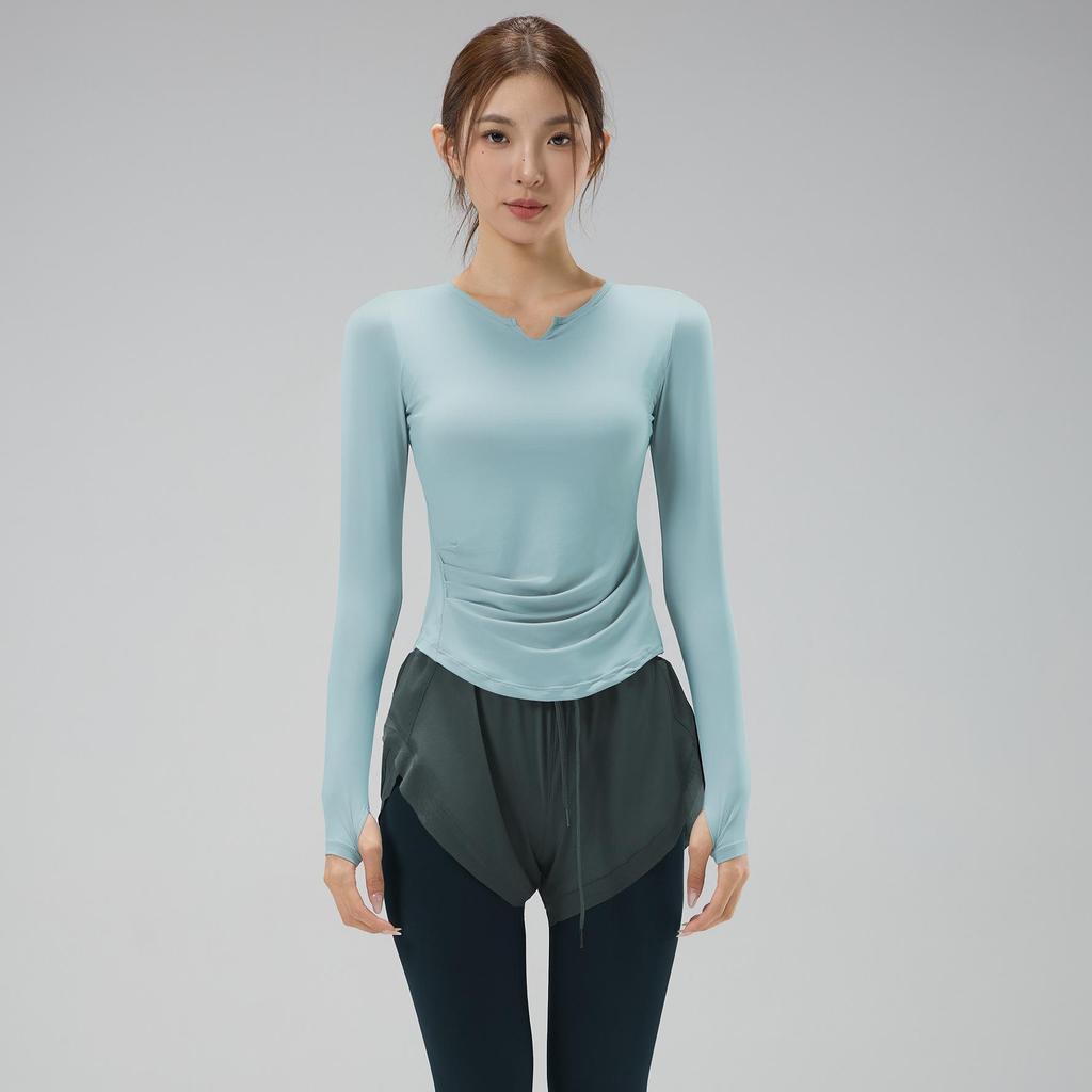 Women's V-Neck Yoga Set: Quick-Dry, Breathable, Fashionable Two-Piece with Chest Pads and Long Sleeves