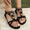 Fashion National Style Women's Flat Sandals Summer Comfortable  Beach Shoes Woman Vintage Beaded Flower Decor Gladiator Sandals