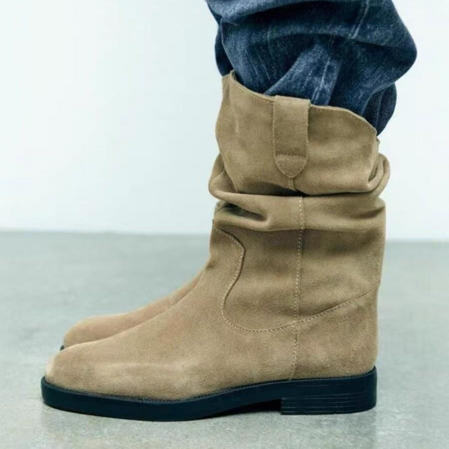 Vintage Maillard Round Head Western Cowboy Boots Thick Heel Thick Sole Medium Boots Women's Autumn and Winter Pile Pile Boots Women's Boots