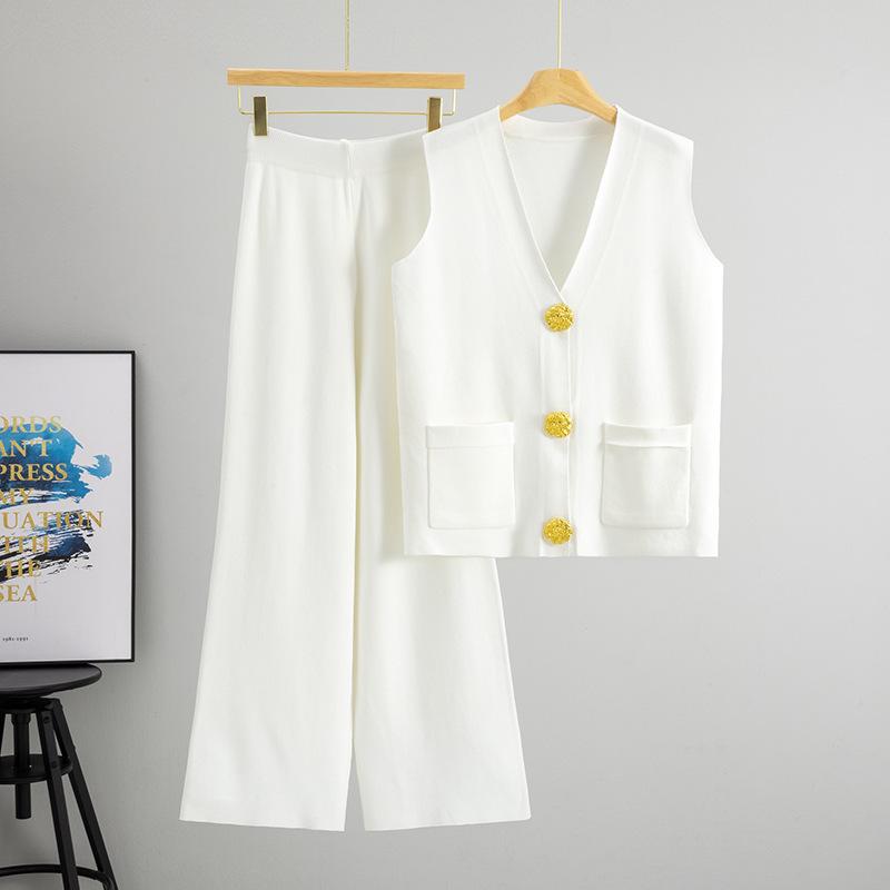 2025 Letní Móda Dvoudílný Pletený Vesta na Knoflíky & Sada Dlouhých Kalhot