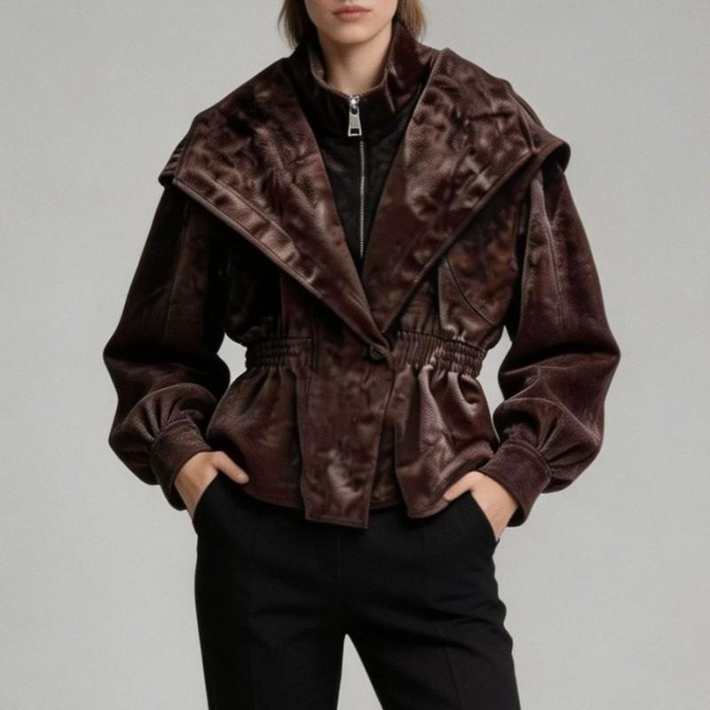 Womens Suede-Feel Stand Collar Jacket With Ruched Waist Casual Layered Look Outerwear Fall