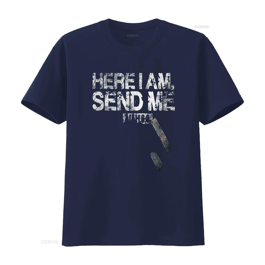Damen Hier bin ich Sende mich Amerikanische Flagge Kreuz Jesaja 6 8 Bibelvers T-Shirt Schwarz 2XL Vintage Gewaschen Leicht Weich Mann Unisex