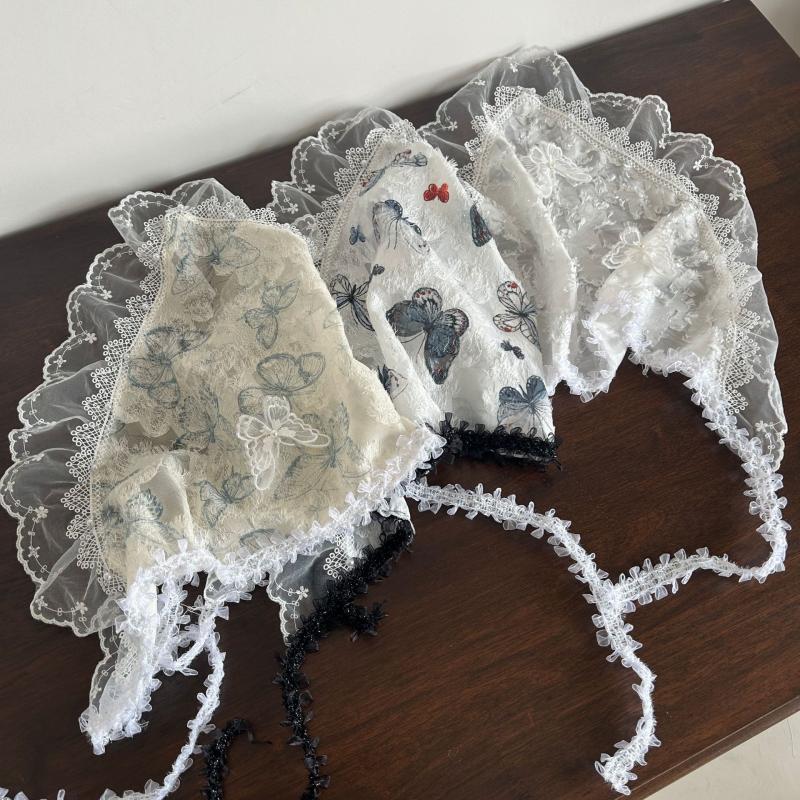 French Vintage Lace Triangle Scarves Butterfly Floral Headscarf Fashion Bandanas Turban For Girls Travel Photo Headband