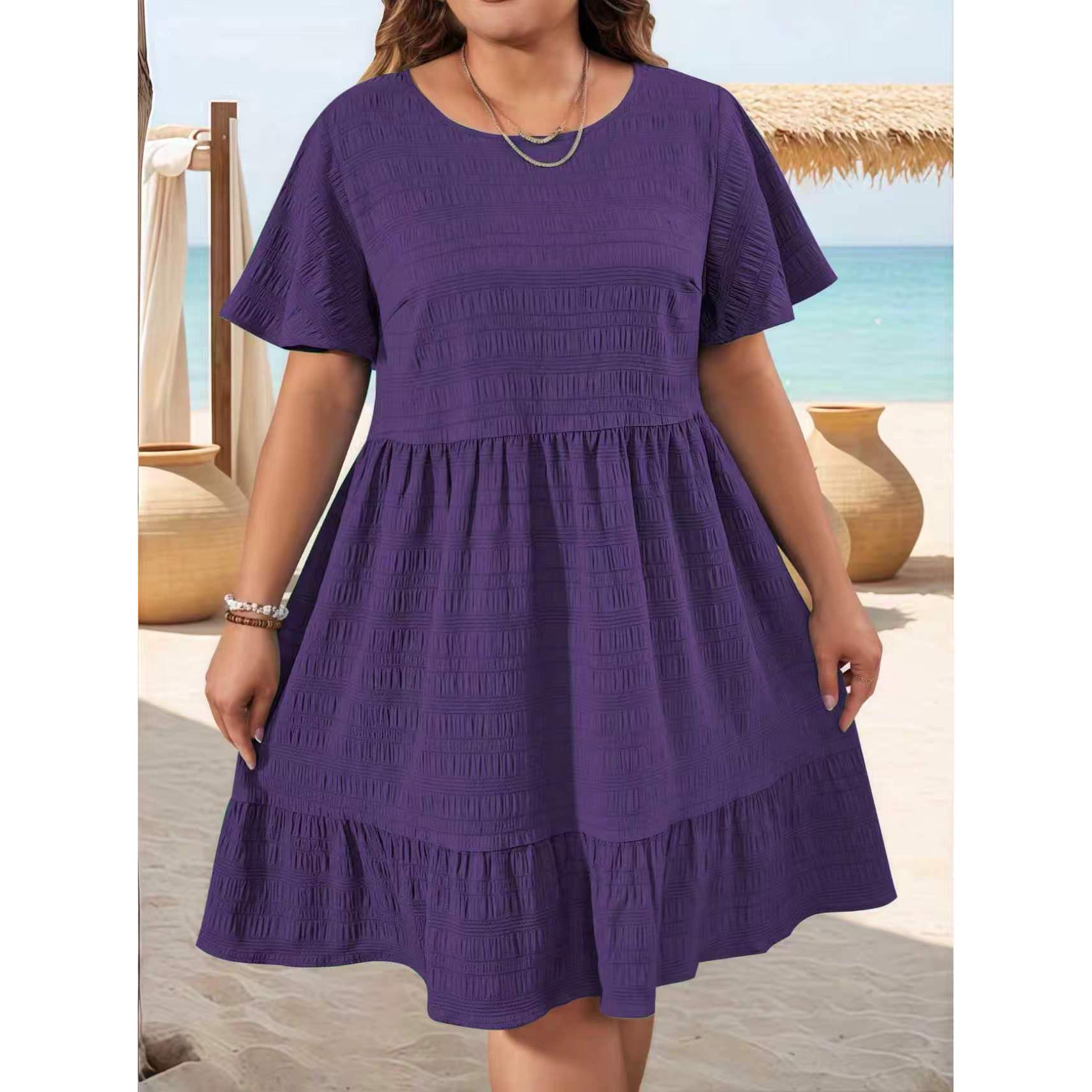 

Summer Dress for Women Plus Size Elegant Round Neck Weave Patchwork Loose Short Sleeve 5XL фіолетовий