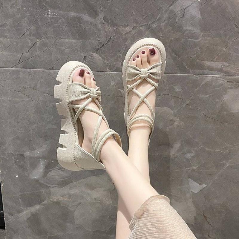 Sandals for Woman High Heels Women's Shoes Bow Summer 2025 Zip Footwear Heeled Platform Roman Style Pumps The Best H Daily Shoe