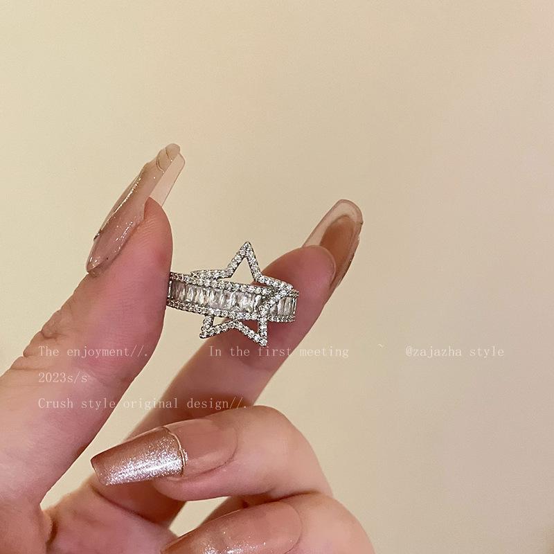 Star Zircon Open Ring Women's Autumn and Winter Light Luxury High-end Sense Fashion Personality Versatile Niche Design Couple Ring