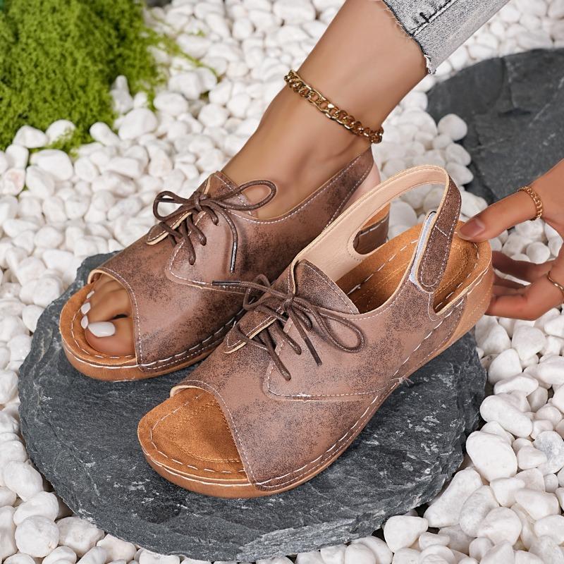 Color-blocked Large-sized Sandals Women's Thick-soled Shoes Wedge Heels Lace-up Velcro Beach Flip-flops