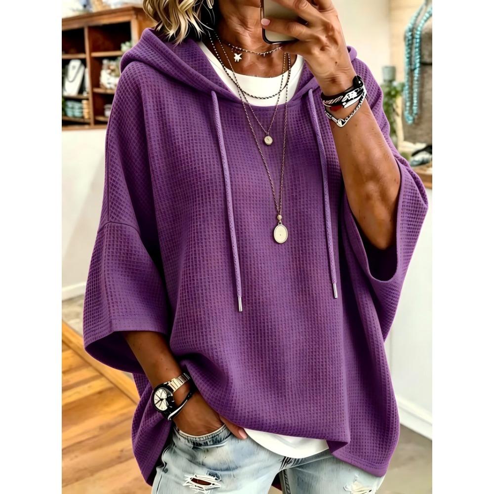 Damen Neuer Waffelstrick Kapuzenpullover mit Kordelzug, Lockere Gestrickte Kapuzen-Oberbekleidung