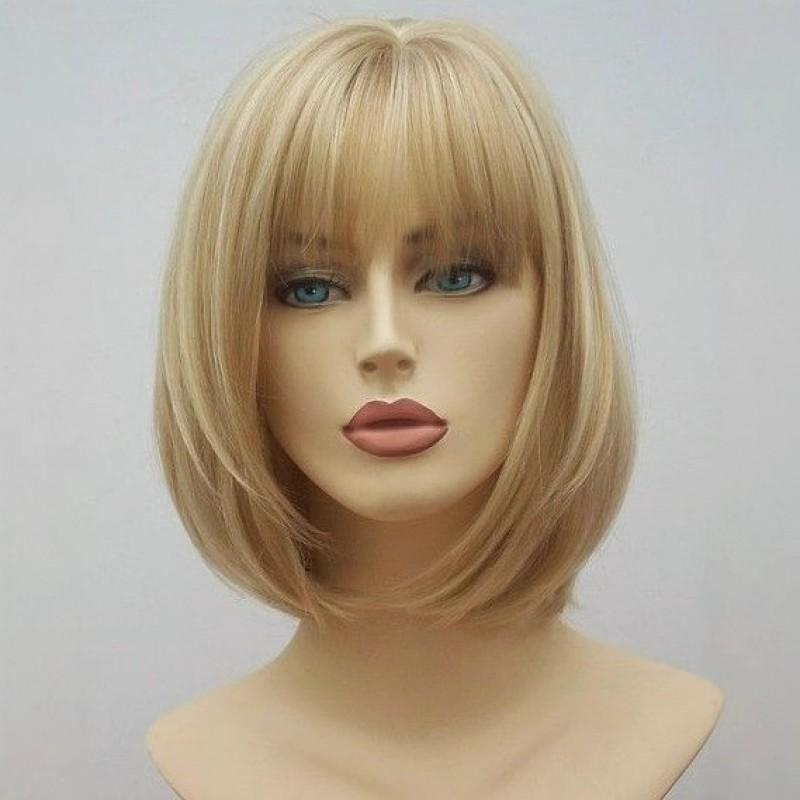 Womens Short Straight Bob Wig With Bangs Golden Synthetic Hair Daily Use