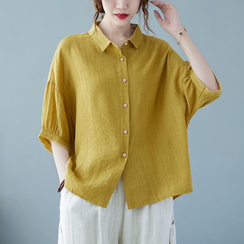 Sommar Dam Litterär Bomull Linneskjorta Plus Size Lös Enfärgad Kortärmad Toppar