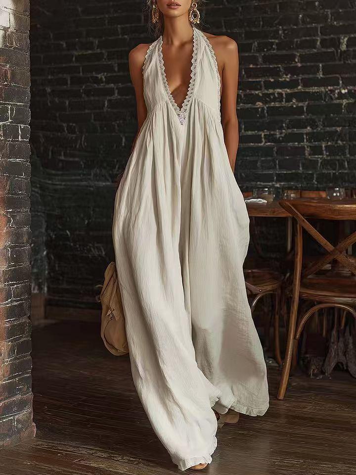 2026 Europäischer & Amerikanischer Lässiger Eleganter Leinen-Jumpsuit mit Spitzenbesatz