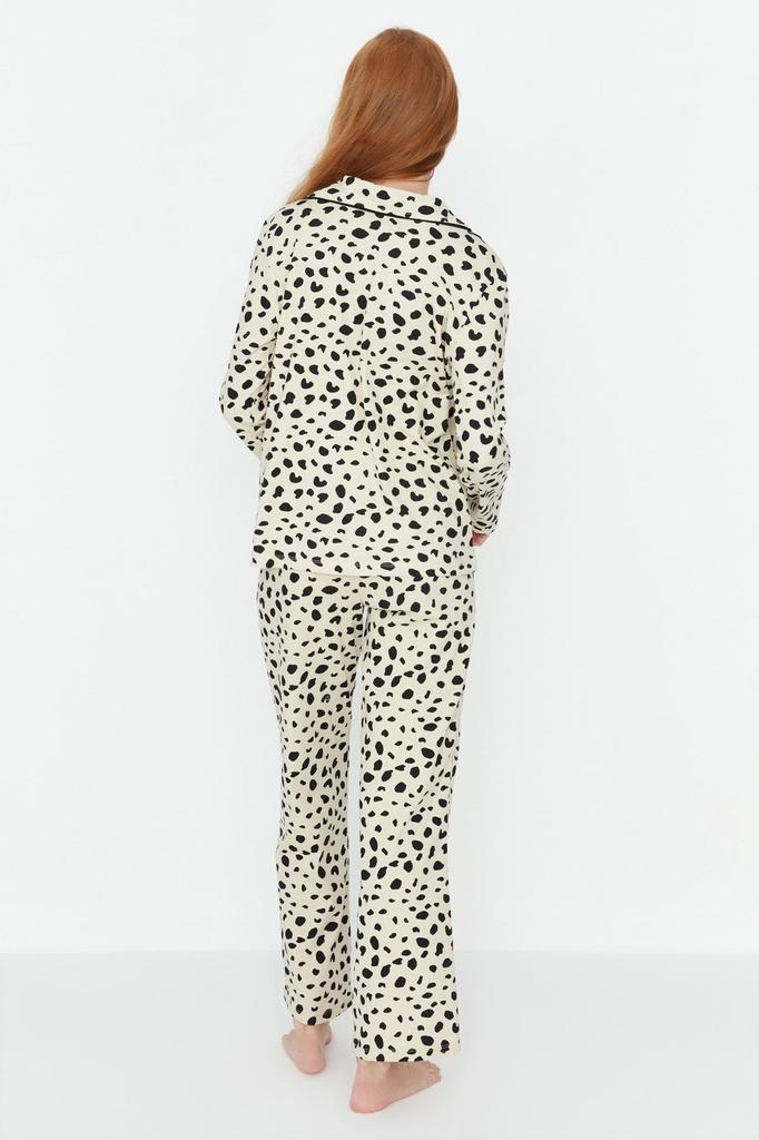 Women's Fashion Beige 100% Cotton Animal Patterned Shirt-Pants Knitted Pajama Set