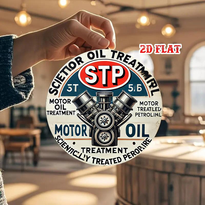 D Flat Vintage STP Motor Oil Treatment with Dual Carburetor Engine Illustration Retro Round Metal Tin Sign Automotive Gas 20x20cm(8x8inch)