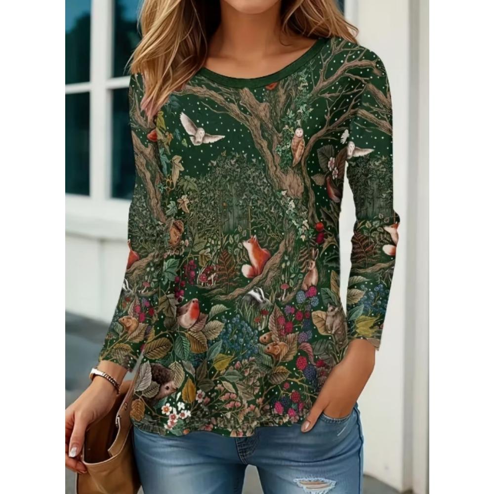Women's Hummingbird Flower Printed Long Sleeve T-shirt - Light Pink Cute Animal Pattern