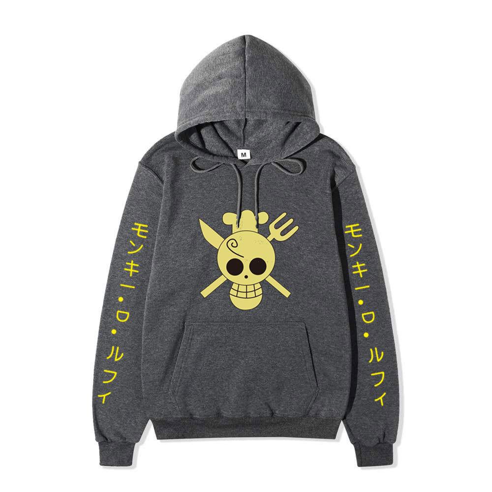 One Piece Sanji Hoodie, Chef Pirate Skull Logo Japanese Letter Sleeve Print Pullover Sweatshirt Unisex Streetwear