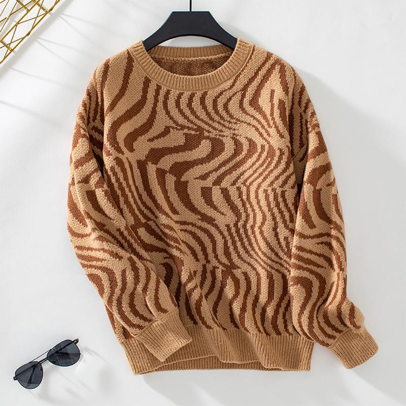 Autumn Winter Vintage Loose Long Sleeve Top Print Cardigan Knitwear O-Neck Sweater