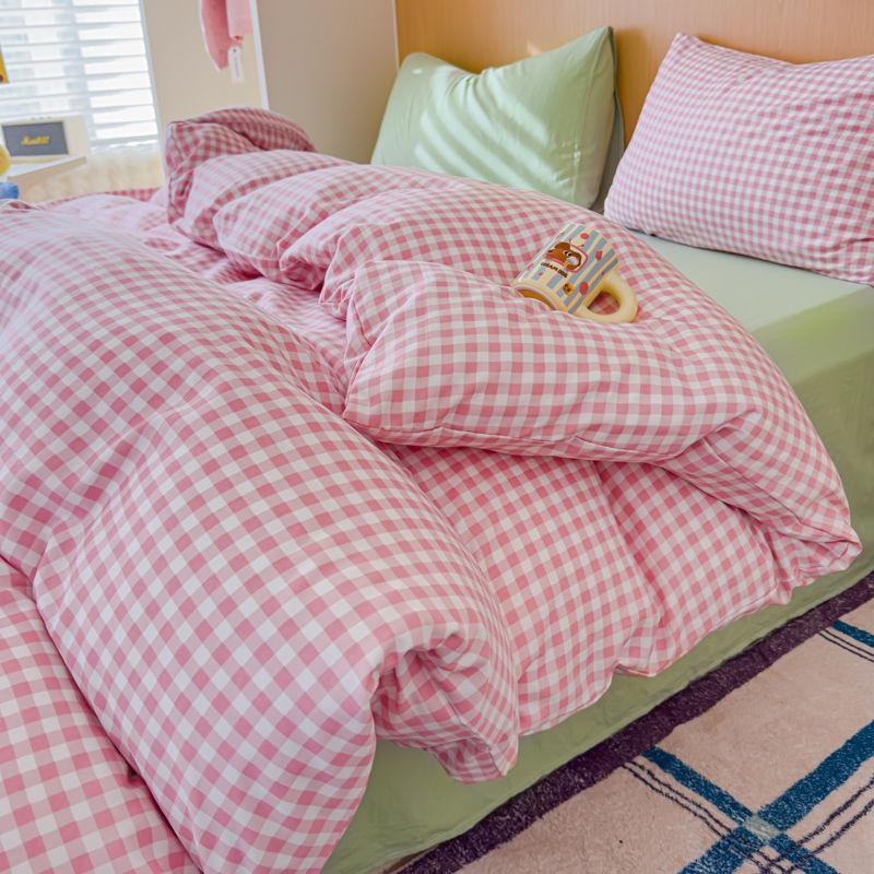 Ins Korean Style Pink Plaid Bedding Set 2025 New No Filling Warm Twin Full Queen Size Girls Bed Sheet Set With Pillowcases