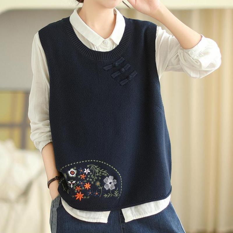 

Autumn Women s Retro Embroidered Knit Vest - Solid Color Sleeveless Pullover with Round Neck & Button Shoulder One size темно-синього кольору