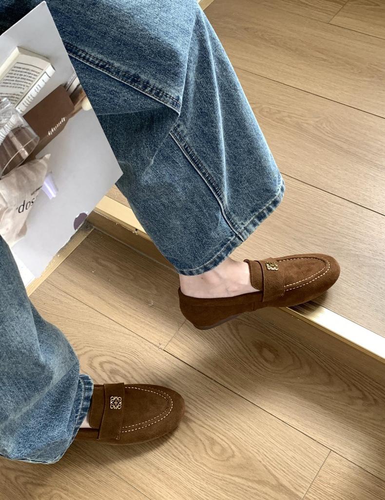 Leather Version~ Retro Round Head Loafers for Women Lazy People, One Pedal, Versatile Soft Sole Thick Heel Single Shoes, Medium Heel Small Leathe