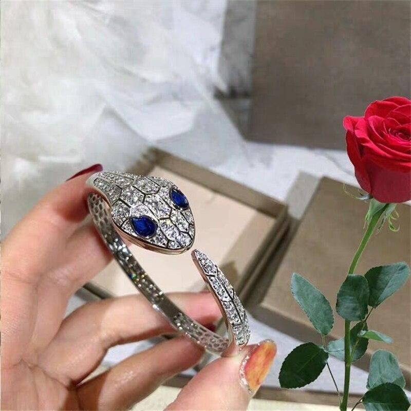Brățară cu șarpe din argint 925 populară în Europa și America, brățară deschisă din safir cu incrustație de diamante, design elastic, femei senior