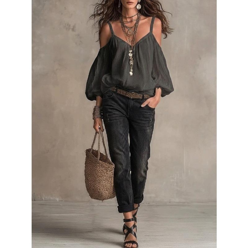 A Solid-color Strappy Casual Puffed-sleeve Vacation-style Top for Women in Autumn and Winter