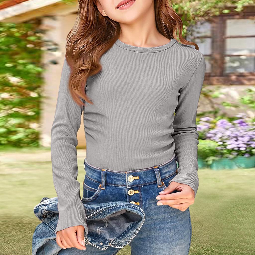 Girls' Ribbed Tee - Long Sleeve Round Neck Casual Top