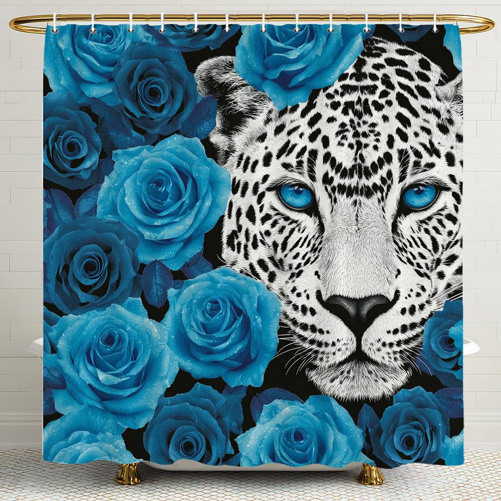 Cougar And Red,Blue Rose Shower Curtain, Animal Pattern Bathroom Decorative Shower Curtain, Printed Shower Curtain With Hooks