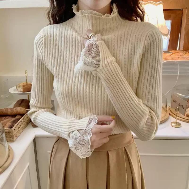 Lace - Trimmed Sweater Women's Spring and Autumn Half Turtleneck Slim Pullover Casual Long - Sleeved Knitted Sweater