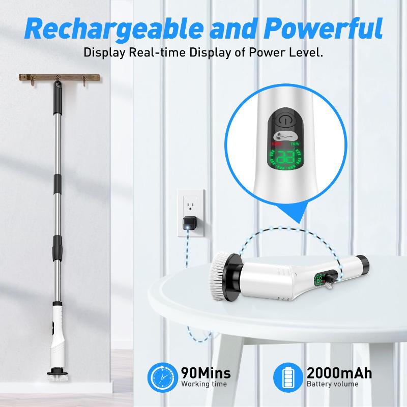 9 In 1 Electric Spin Hand-held Scrubber Digital Display Cordless Cleaner Brush with Telescoping Long Handle for Bathroom Kitchen