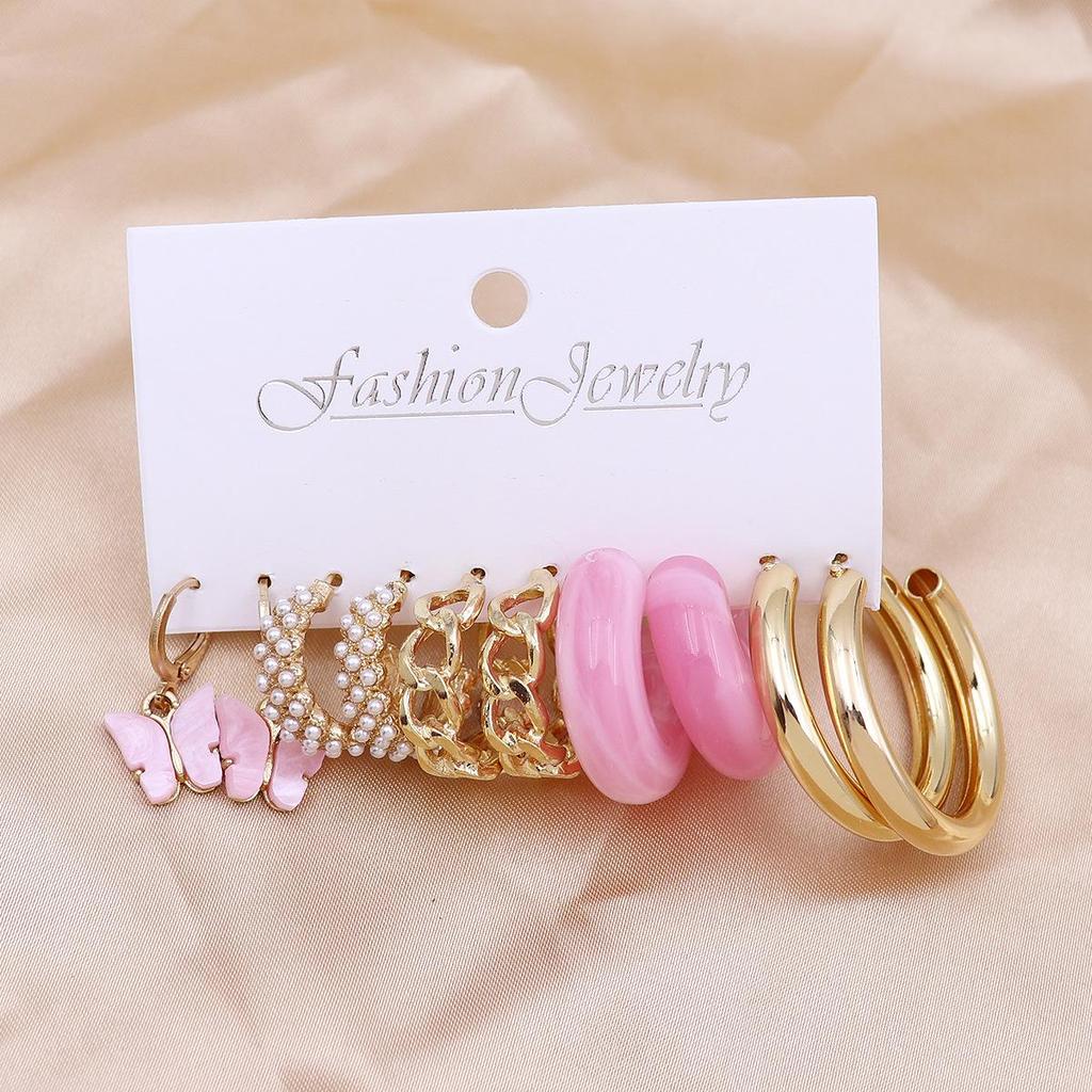 European & American Geometric C-Shaped Hoop Earrings: 6-Piece Gold & Pearl Wire-Wrapped Set for Women