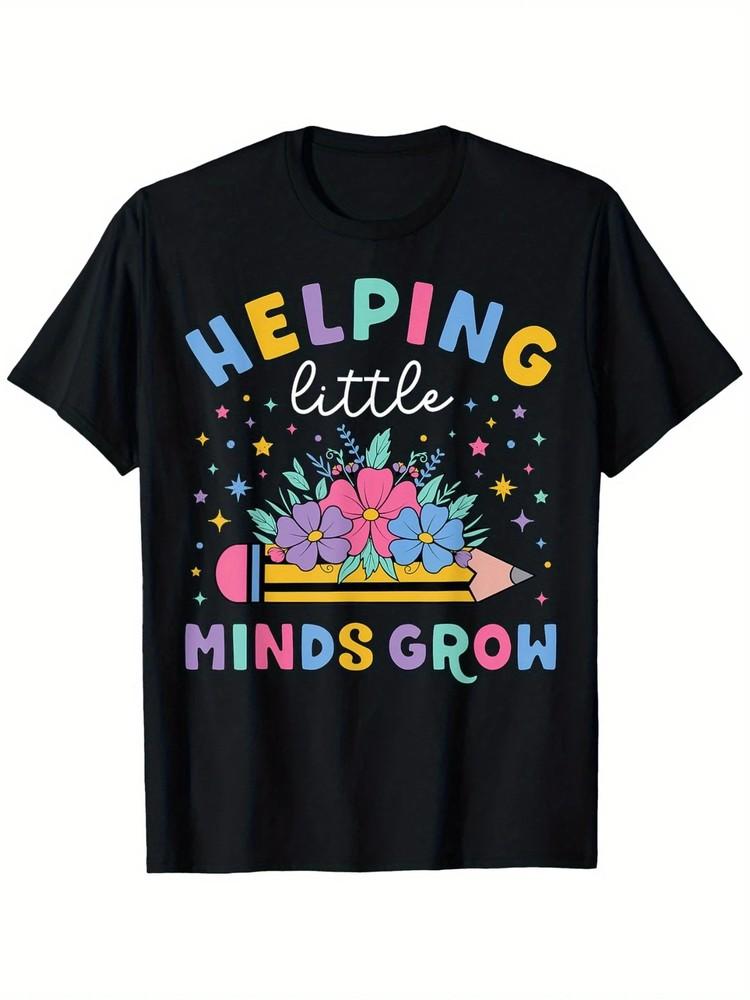 Teacher T-Shirt] 100% Cotton Black Short Sleeve Teacher T-Shirt | Helping Little Unisex T-Shirt XXL