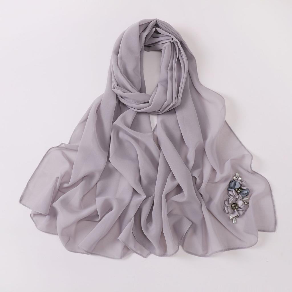 Chiffon Long Ethnic Shawl With Pearl Rhinestone Flower Burned Edge