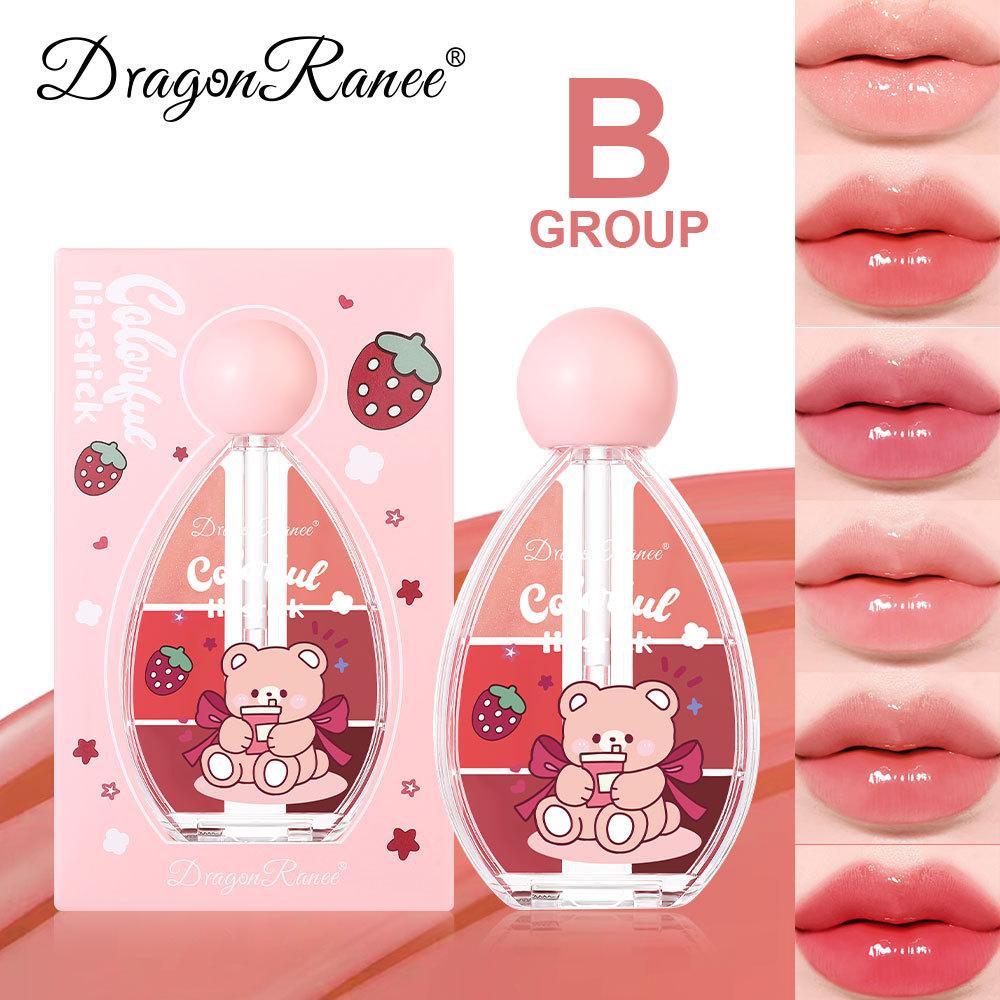 Six-color Strawberry Mirror Jelly Lipstick Palette Juicy Pink Solid Lip Gloss Set Moisturizing Lip Oil Tint with Silicone Brush