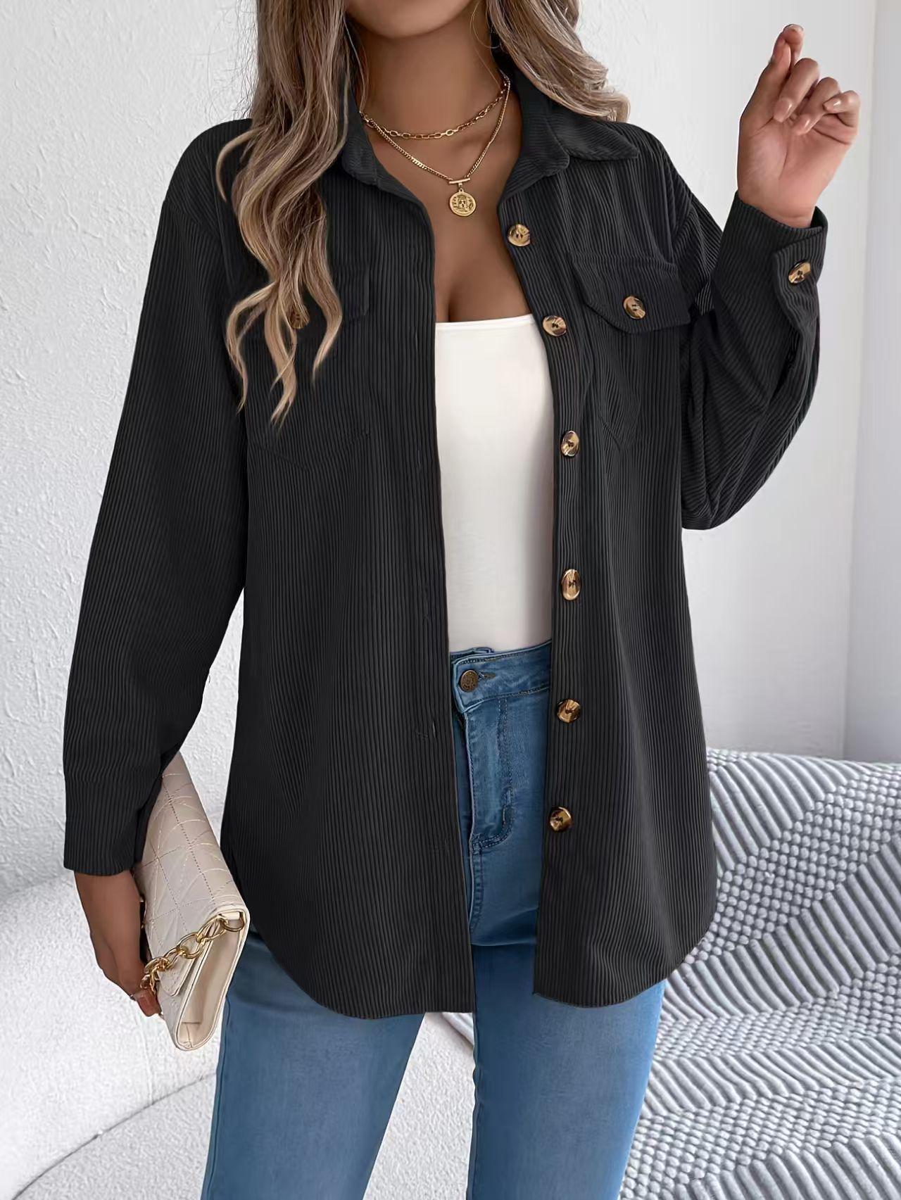 2025 Women s Casual European-American Corduroy Striped Shirt Jacket S чёрный