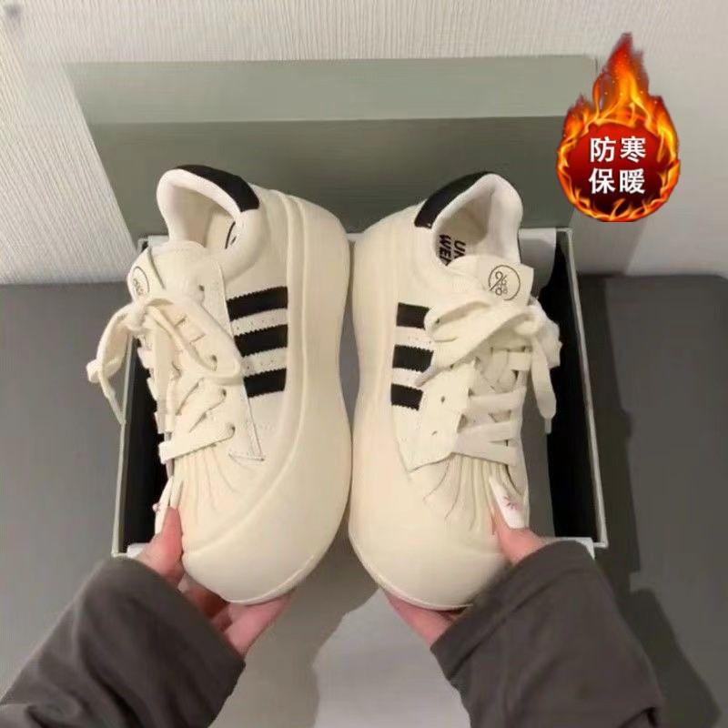 Zhao Ruth Niche Three Bars Thick Baseplate Shoes Women's 2025 Winter Warm Shell Head High Value Cotton White Shoes