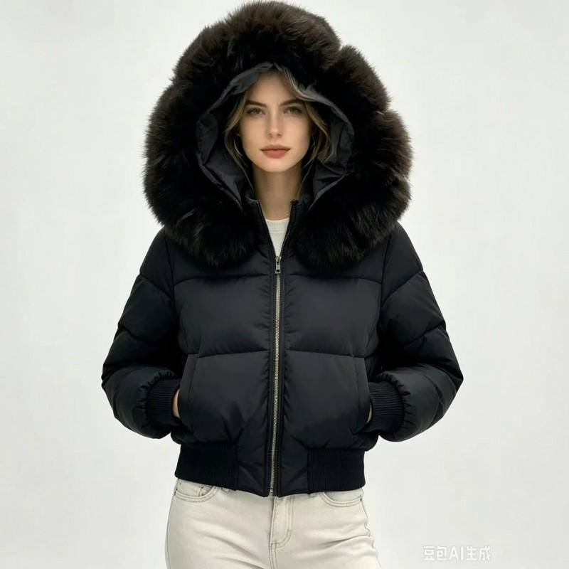Womens Short Winter Puffer Coat With Faux Fur Hood Slim Fit Petite Ladies