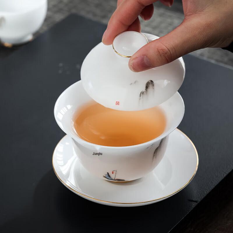 Hongyu 'Boating' 10-Piece Ice Jade Porcelain Gaiwan Tea Set with Leather Case