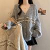 Women Sequin Decorated Solid Color Sweater Lazy Style Loose Fitting V-neck Knitted Sweaters Autumn Fashion Versatile LadySingle Breasted Top Coat