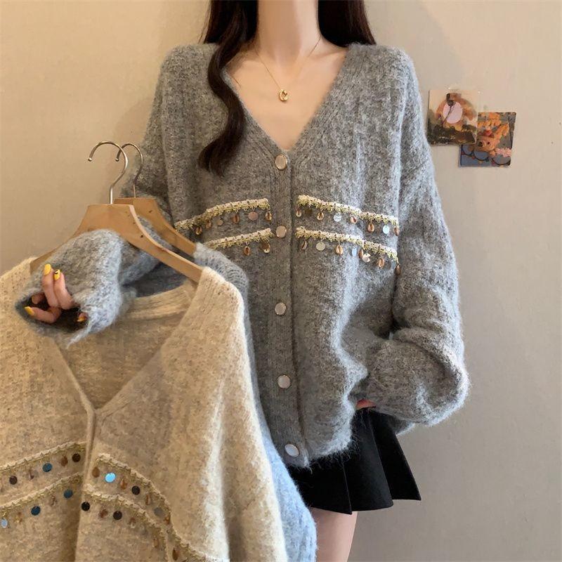 Women Sequin Decorated Solid Color Sweater Lazy Style Loose Fitting V-neck Knitted Sweaters Autumn Fashion Versatile LadySingle Breasted Top Coat
