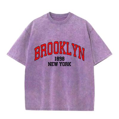 Retro Washed Vintage Women T-shirt Brooklyn 1898 Fleece Harajuku Oversized Pullover Cute Couple Valentine's Day Gift T-shirt