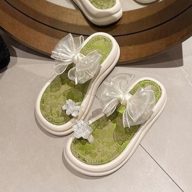 Woman Slippers Open Toe Shoes for Women on Beach Slides With Bow Green Sandals Flat Korea Style Designer Luxury Clappers New Vip