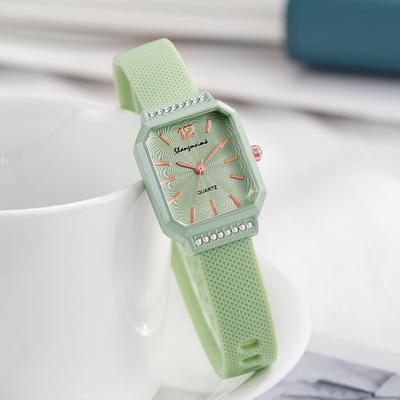 Women Silicone Watch Square Dial Quartz Wristwatch Rhinestone Minimalist Dress Watch for Casual Formal Office Party Dating